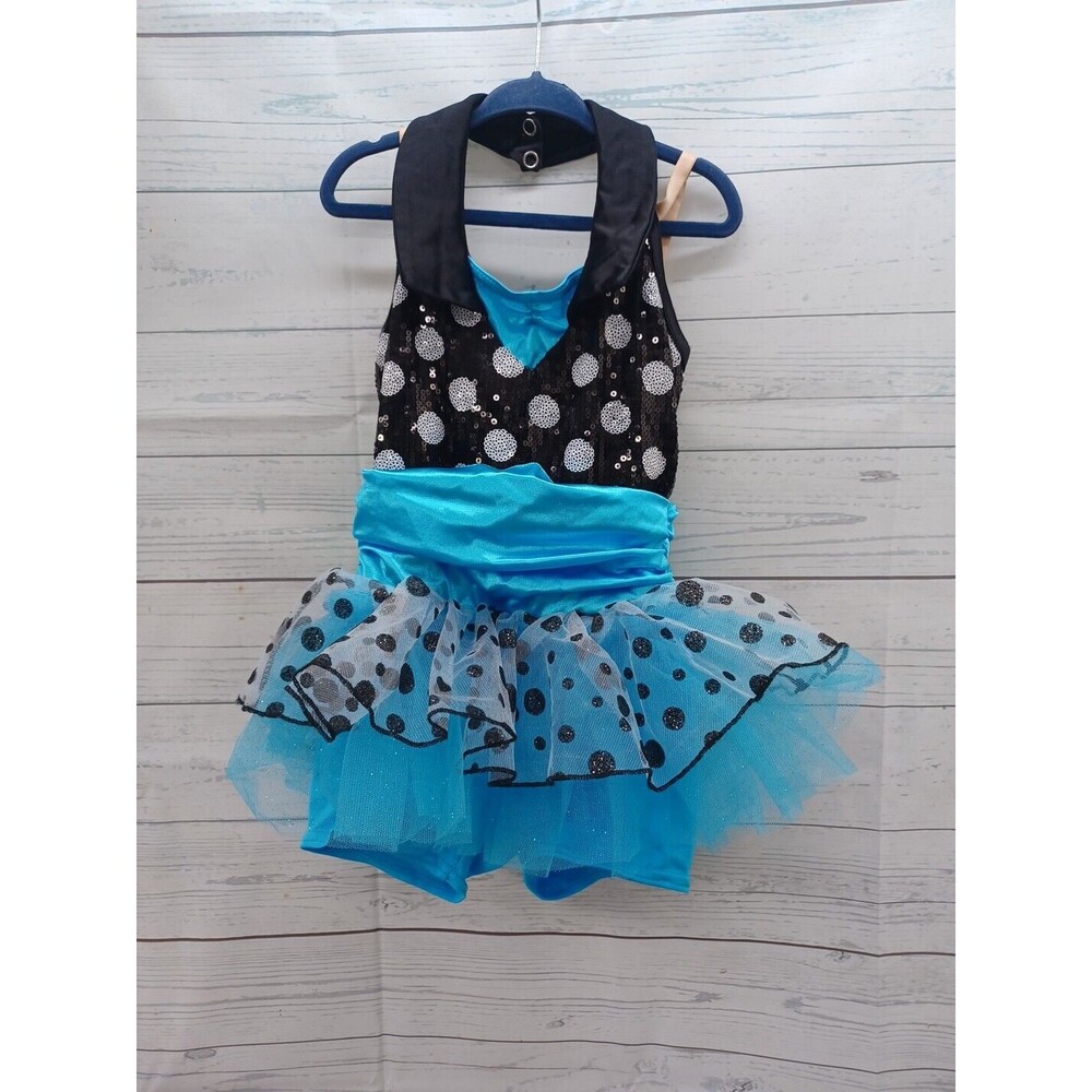 Weissman Dance Costume Leotard Dress Polkodot Child Blue Black Sequin SC